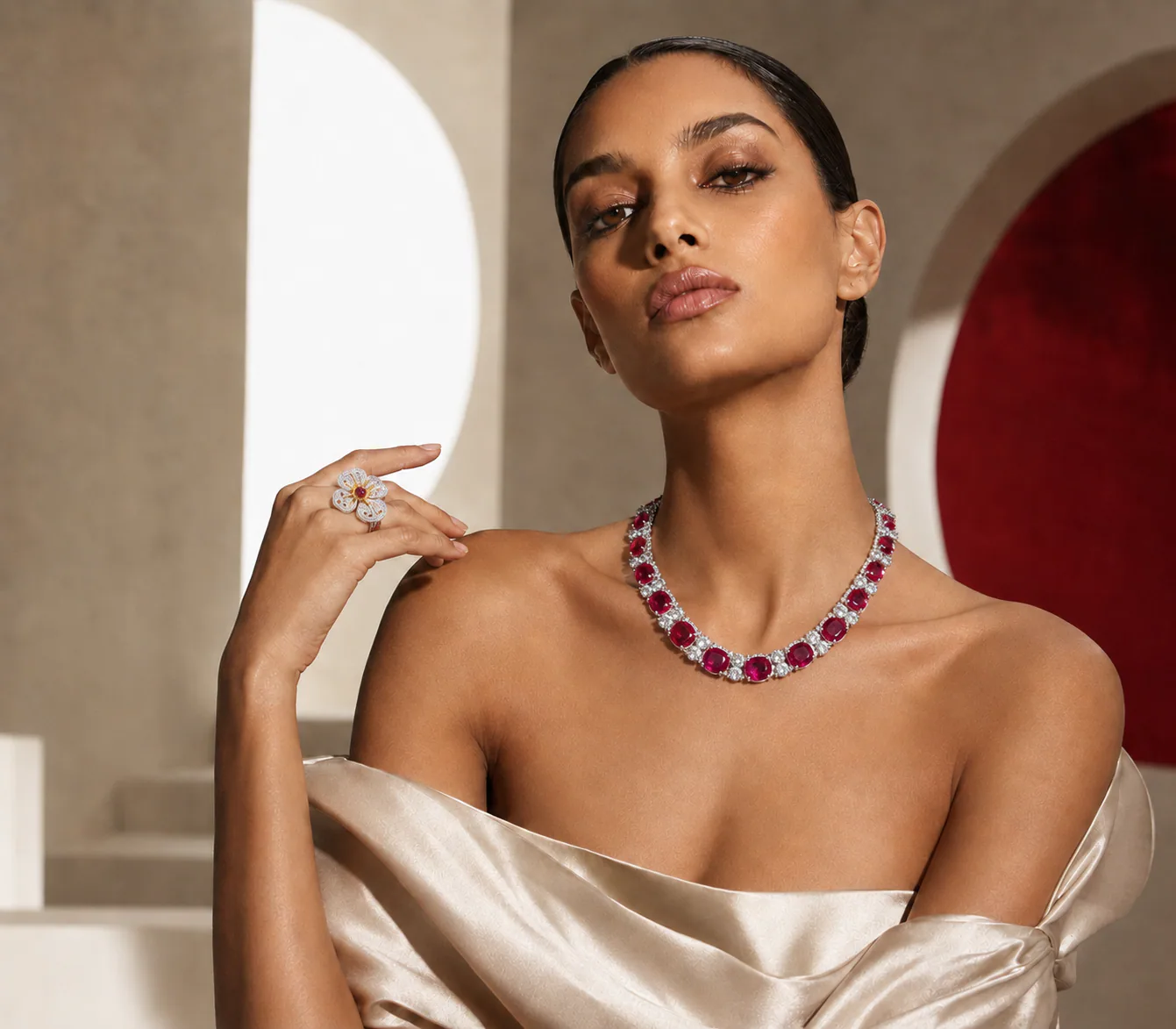 Ruby necklace worn by a model